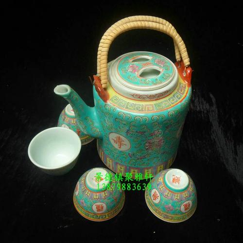 景德镇厂货瓷/手工粉彩绿万寿无疆5头提梁壶茶具/送老人祝寿礼品